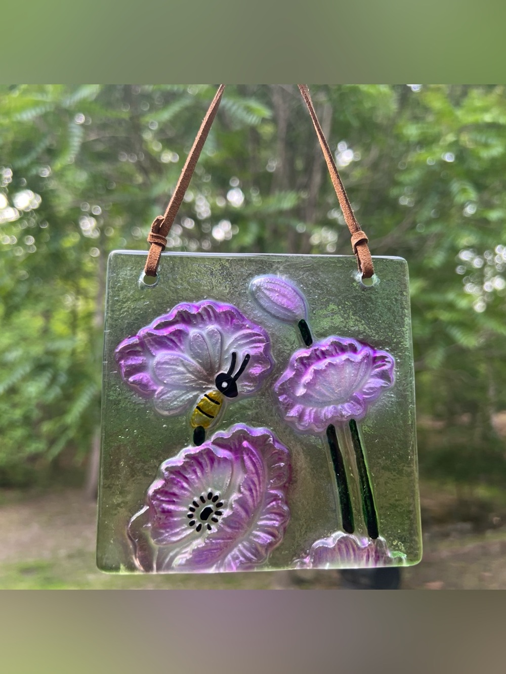 Bee On Flowers Pollinators Art Embossed Glass Sun Catcher W/Leather Cord|Sz:4.5"